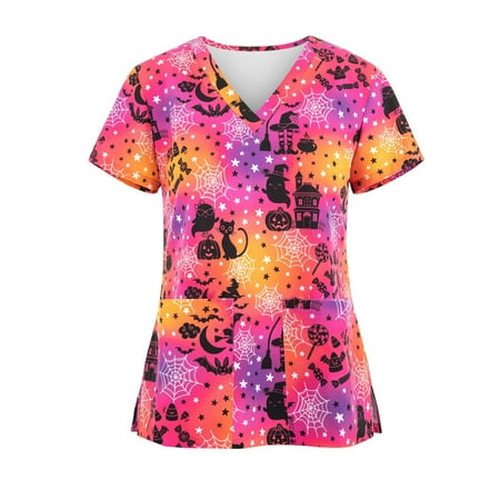 

QAZXD Womens V Neck Medical Nursing Cute Flower Uniform Print Short Sleeve Scrub Tops with Pockets