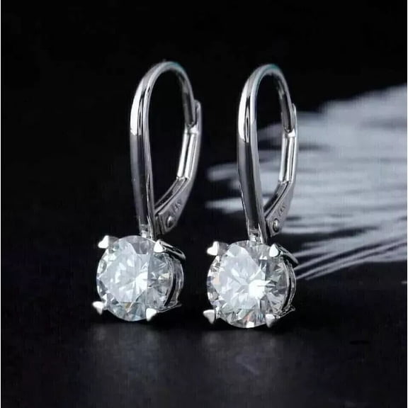 Sparkle Jewels Solitaire Drop Leverback Earring in Cubic Zirconia Round Cut Women's 14K White Gold Plated
