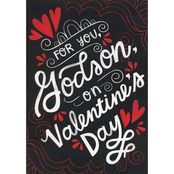 Designer Greetings Red Hearts, Thin Red Lines and White Lettering on Black Background Valentine's Day Card for Godson