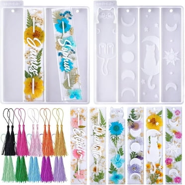 LET'S RESIN Bookmark Resin Molds Silicone 1.5'' Wide, Blank and Cat Moon Pattern Silicone Bookmark Molds Kit with 20pcs Tassels, Rectangle Bookmark Molds for Epoxy Resin Casting Crafts