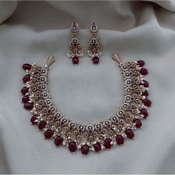 Ruby CZ Diamond Gold Plated Necklace, American Diamond Crystals Jewelry, South Indian Wedding Temple Choker Set