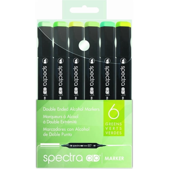 Spectra AD Marker, Tri-Nib & Brush Dual-Tip, 6 Assorted Green Color Set in Plastic Case, 1 Each