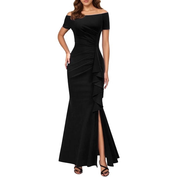 DHFJKG Womens Long Sleeve Maxi Dresses Off Shoulder Bodycon Formal Wedding Guest Side Slit Long Dress Spring Stylish Dresses