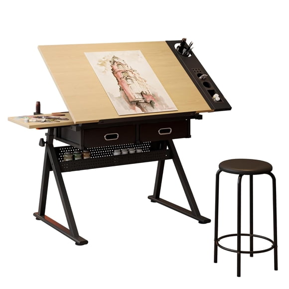 EDTara Artist Desk Height Adjustable, Drafting Table with Tiltable Top 0-75°, Equipped with 2 Storage Drawers and Stool