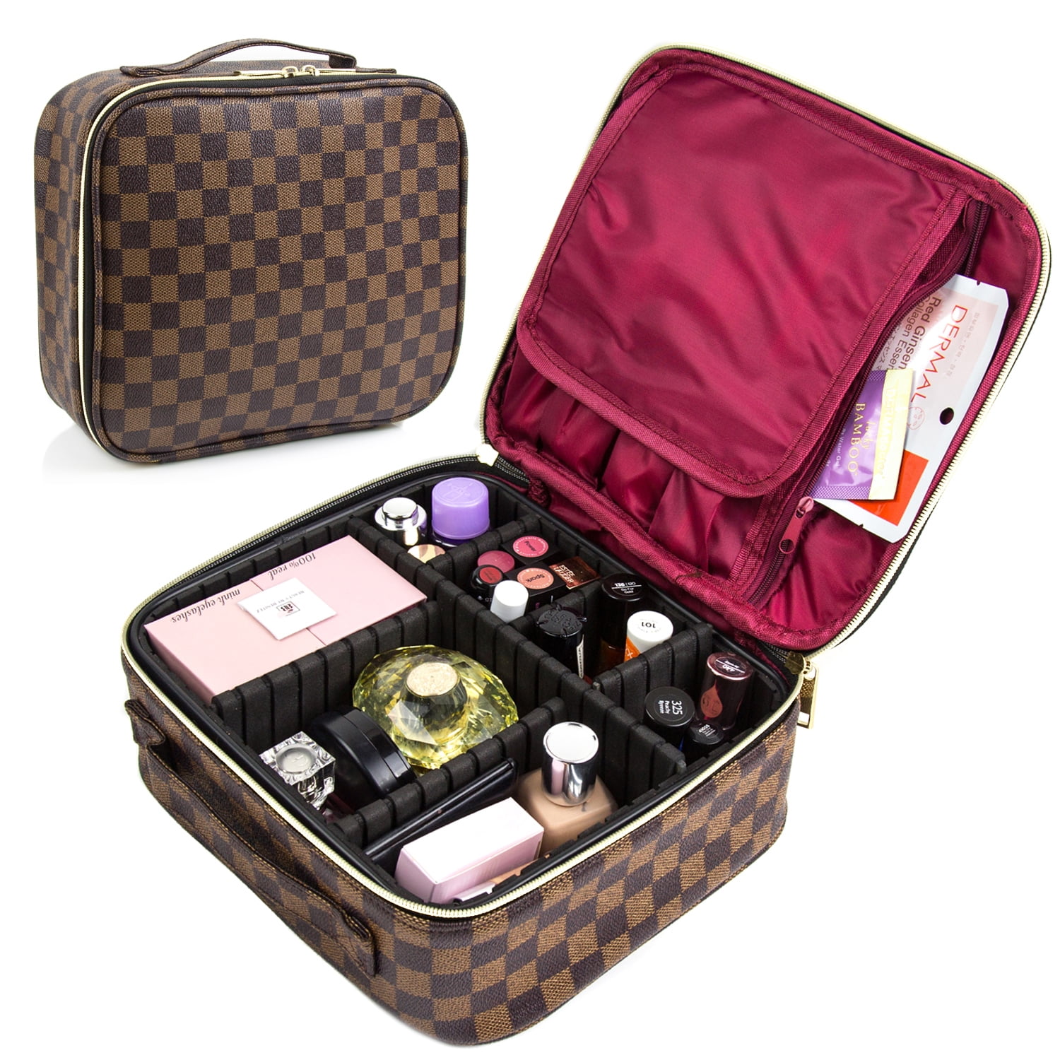 LUXOURIA Travel Checkered Makeup Bag Designer Leather Cosmetics Bag  Organizer 