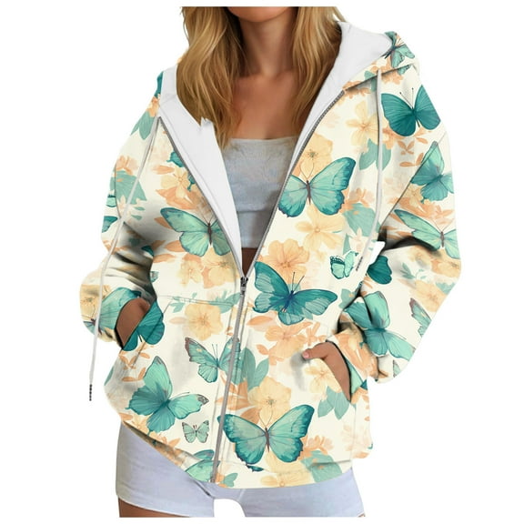 GEWSEY Womens Oversized Hoodies Zip Up Fleece Floral Sweatshirt Casual Fall Long Sleeve Drawstring Hooded with Pockets (Light Yellow, 3XL)