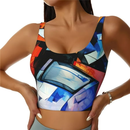 Qokaie Abstract Cubist Printer Pattern Womens Scoop Neck Sports Bra Breathable Workout Vest Padded U Back Medium Impact Fitness Gym Yoga Bra Workout Crop Top-XX-Large
