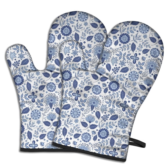Pioneer Flower Floral Print Pattern Oven Mitt 2-Pack Set, Heat Resistant Kitchen Gloves, 7.7" X 12"
