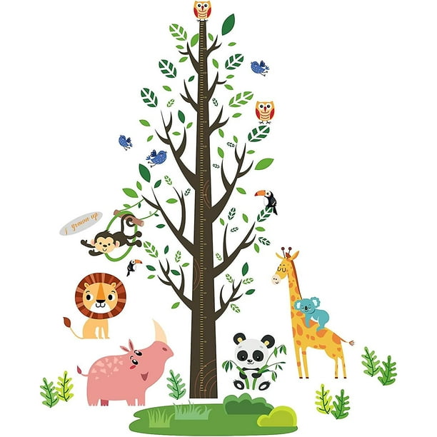 4 hojas/juego de pegatinas de pared con tabla de crecimiento de altura de dibujos animados, árboles y animales, calcomanías de pared autoadhesivas de altura de dibujos animados par