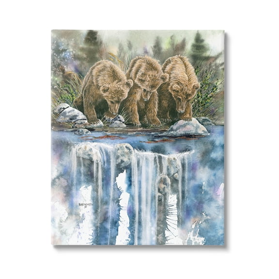 Bear Trio Fishing Lake Reflection Animals & Insects Graphic Art Gallery Wrapped Canvas Print Wall Art