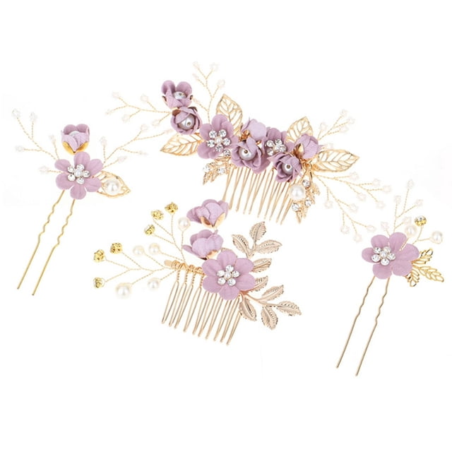 4pcs Mariage Fait à la Main Peigne à Cheveux Ensemble Floral Coiffure de Mariée Accessoires de Cheveux Strass Accessoires de Robe de Mariée (Violet)