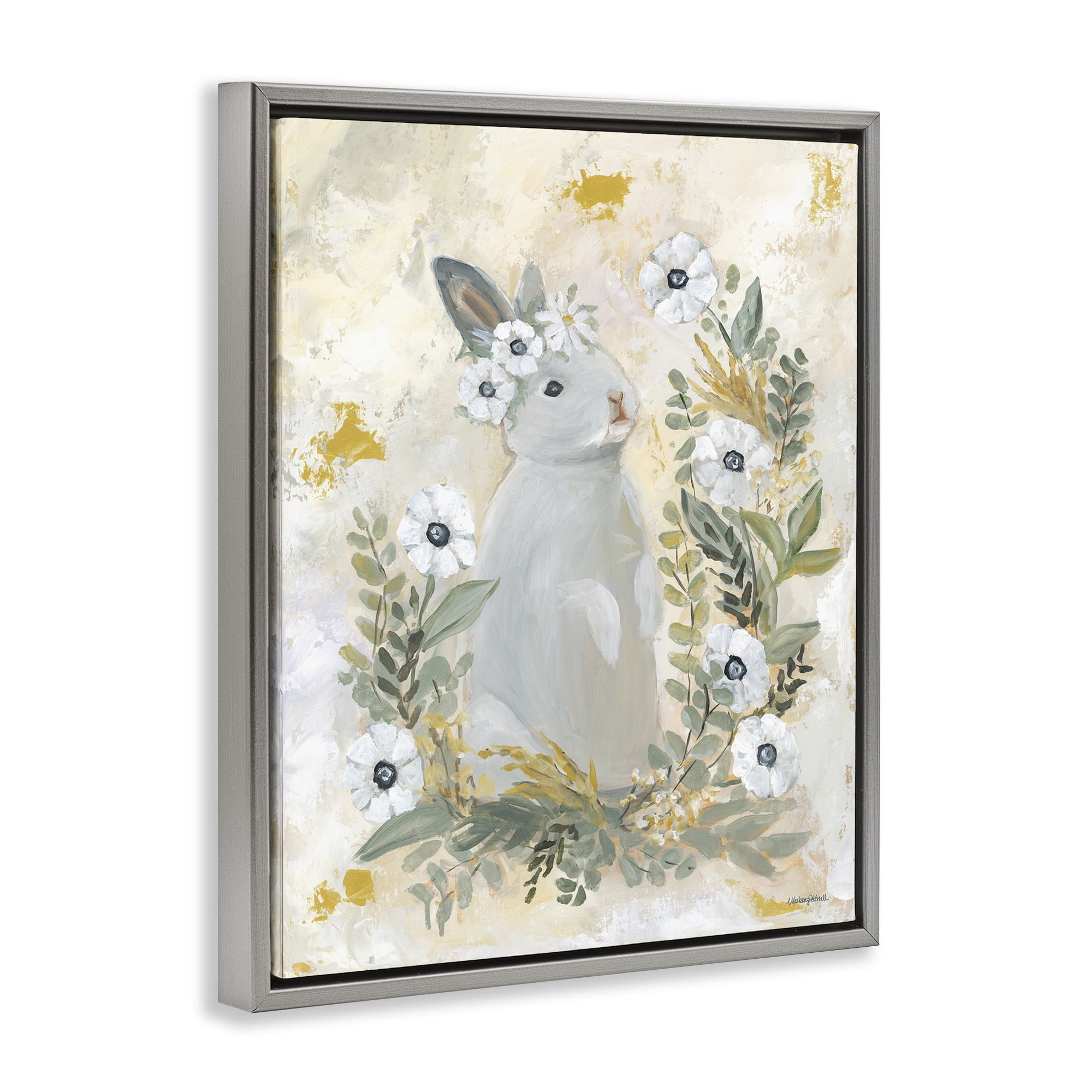 Bunny with White Blooms Gray Floating Frame Canvas Art, 25 x 31, Made In USA