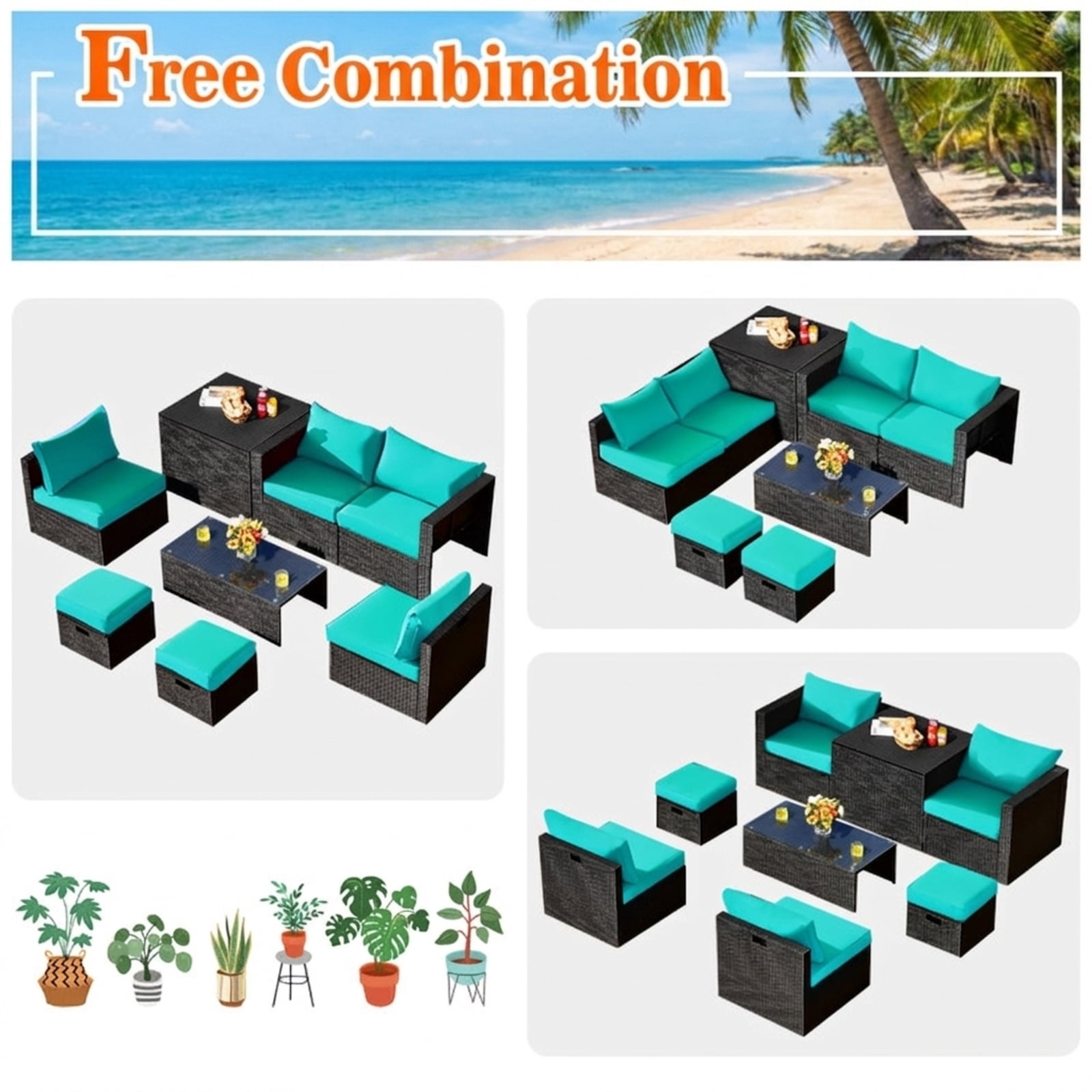 Furnibear 8 Pieces Patio Rattan Furniture Set Outdoor Wicker Conversation Sofa Set with Storage Table Tempered Glass Top and Cushions for Backyard, Turquoise