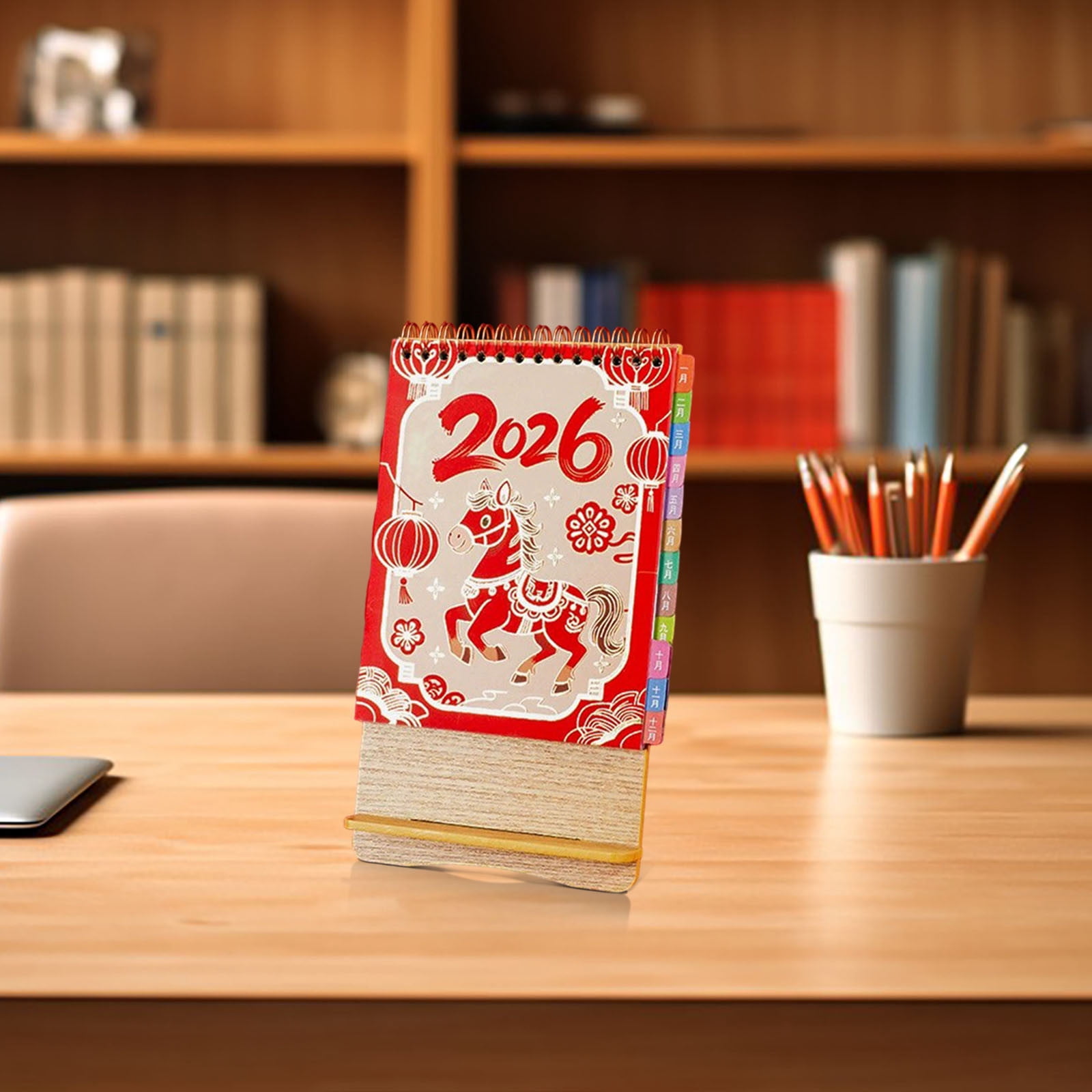 Weloille 2026 Wooden Desk Calendar, Festive Red Paper Office Desktop Mini Calendar with Holiday Markings and Solar Terms