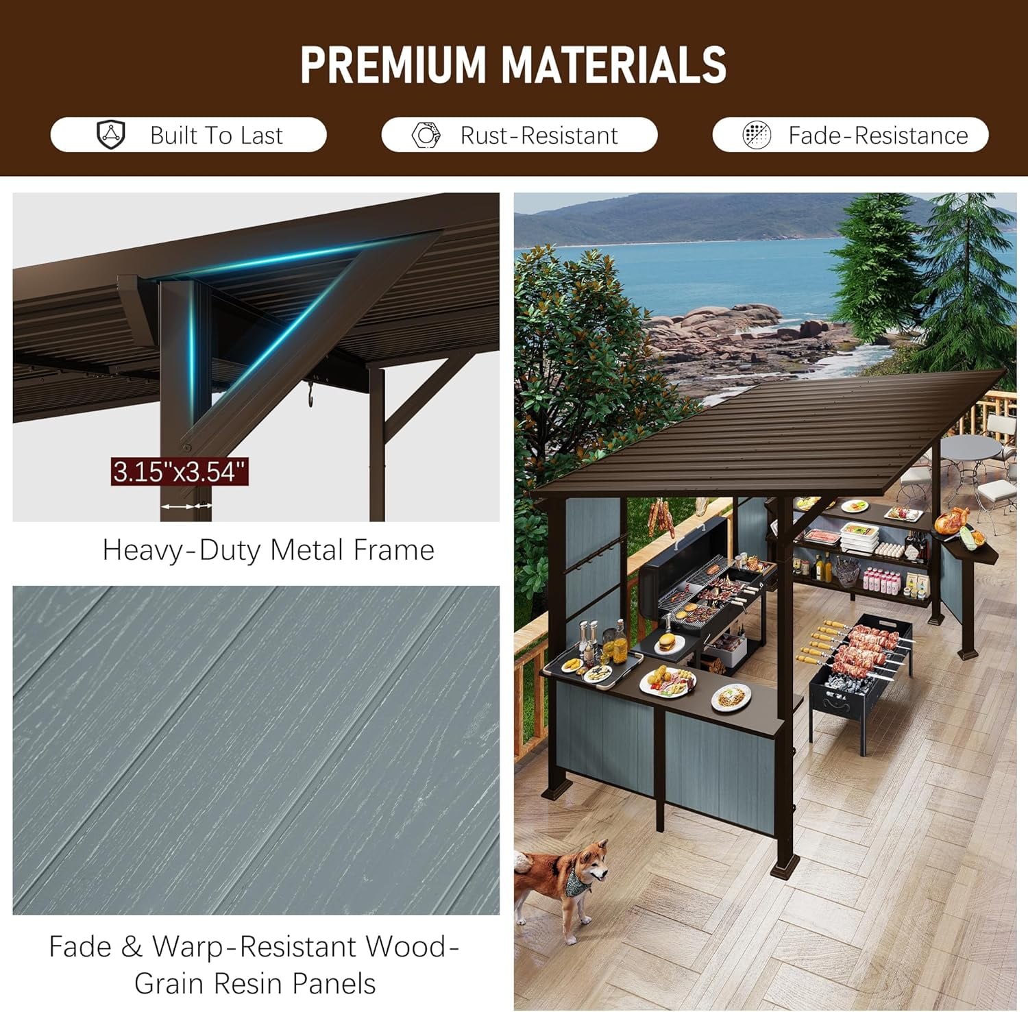 Domi 9x10 ft Hardtop Grill Gazebo, Metal BBQ Gazebo with Shelves and Side Platforms, Heavy-Duty Grill Canopy with Sloped Roof for Patio & Backyard, Brown