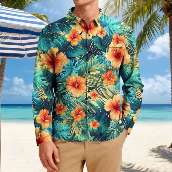 Dolkfu Mens Shirt Button Down Ahola Floral Shirt Hawaiian Long Sleeve Mens Tees L