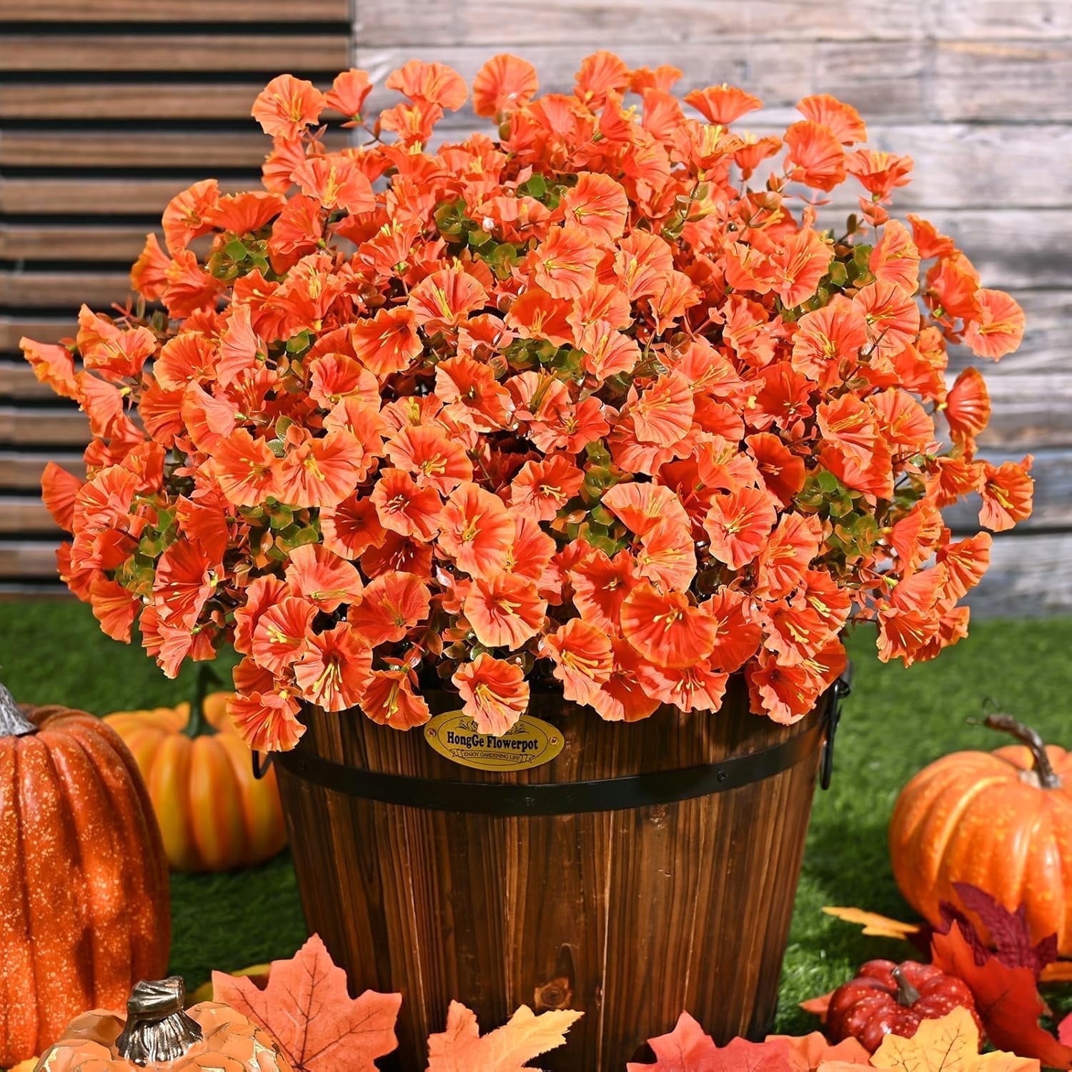 Lyacmy 36 Bundles Artificial Fall Flowers for Outdoor, Fake Mums UV Resistant Fake Flowers Fall Decorations for Home Garden,Green Orange