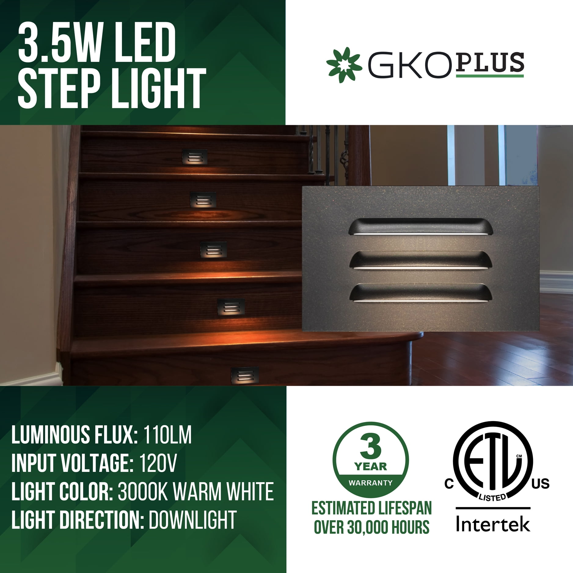 GKOplus 120V 110LM Dimmable LED Step Lights Indoor Outdoor, 3.5W Anti Glare Stair Lighting with Horizontal Louvered Faceplate, Waterproof, 3000K Warm White, Aluminum Black Finish, ETL Listed, 6 Pack