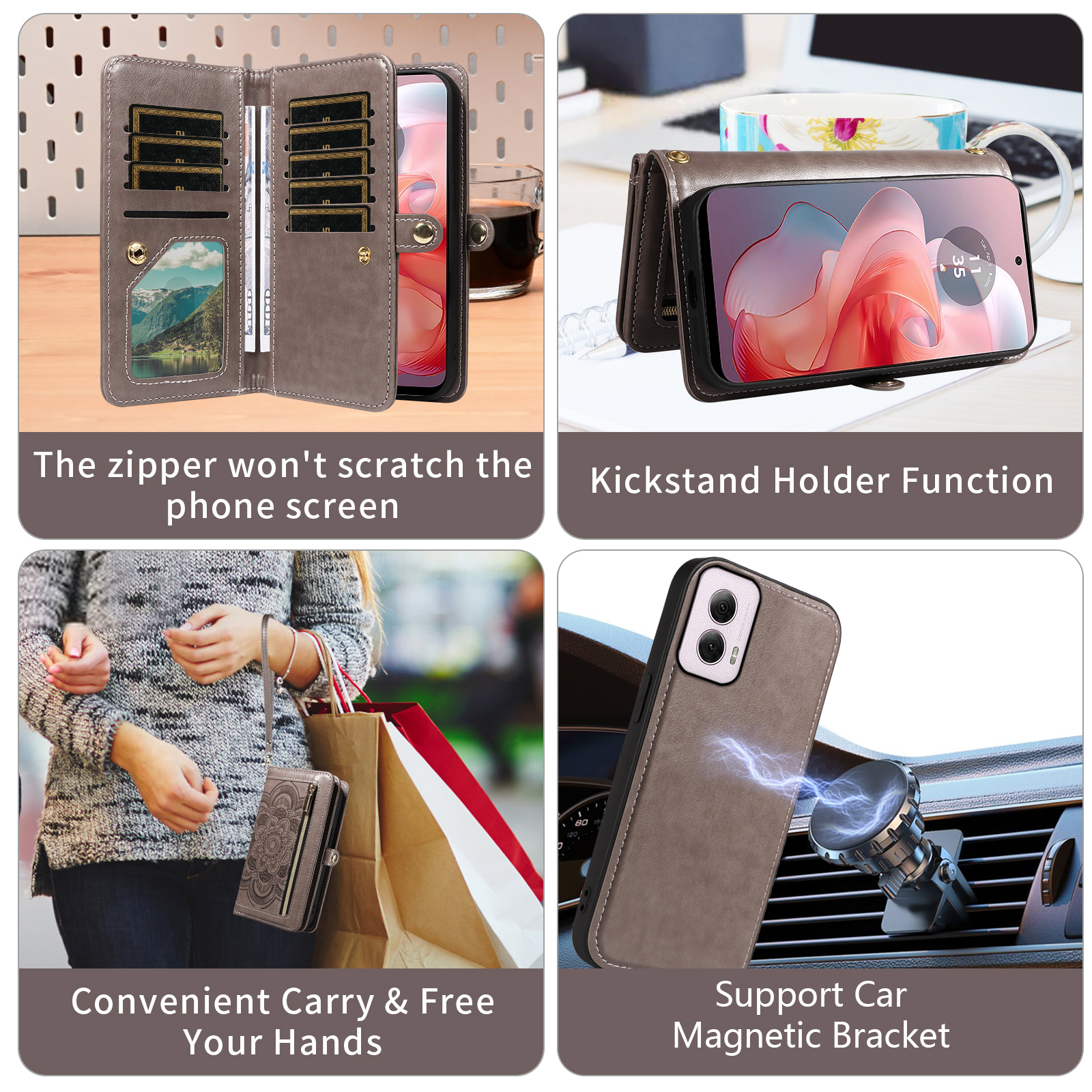 Asuwish Phone Case for Motorola Moto G Power 5G 2024 Zipper Wallet Detachable Cell Cover with Tempered Glass Screen Protector Crossbody Lanyard Strap Flower Flip Card Holder Slot G5 Women Girls Gray