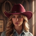 thumbnail image 5 of RUINIXCW Western Cowboy Cowgirl Hat for Women Men Wide Brim Pentagram Leather Belt Fedora Hat Wool Felt Vintage Jazz Hats, 5 of 7