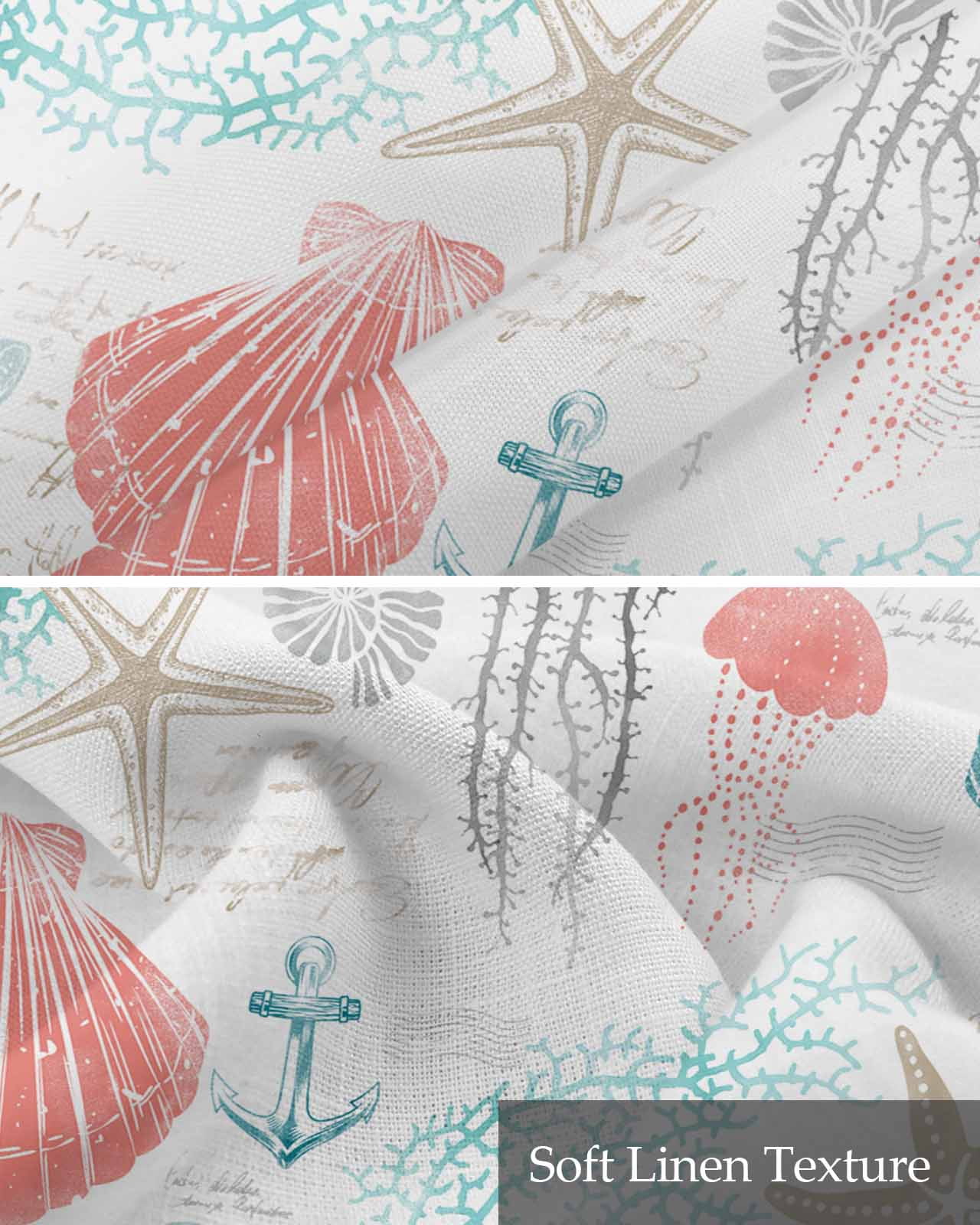 Coastal Coral Red Linen Curtain Valance for Bedroom/Bathroom/Kitchen/Living/Dining Room Window,Nautical Ocean Turtle Teal Starfish Conch Pocket Topper Drapes Decorative Cafe Drapery Panel 42"x18"