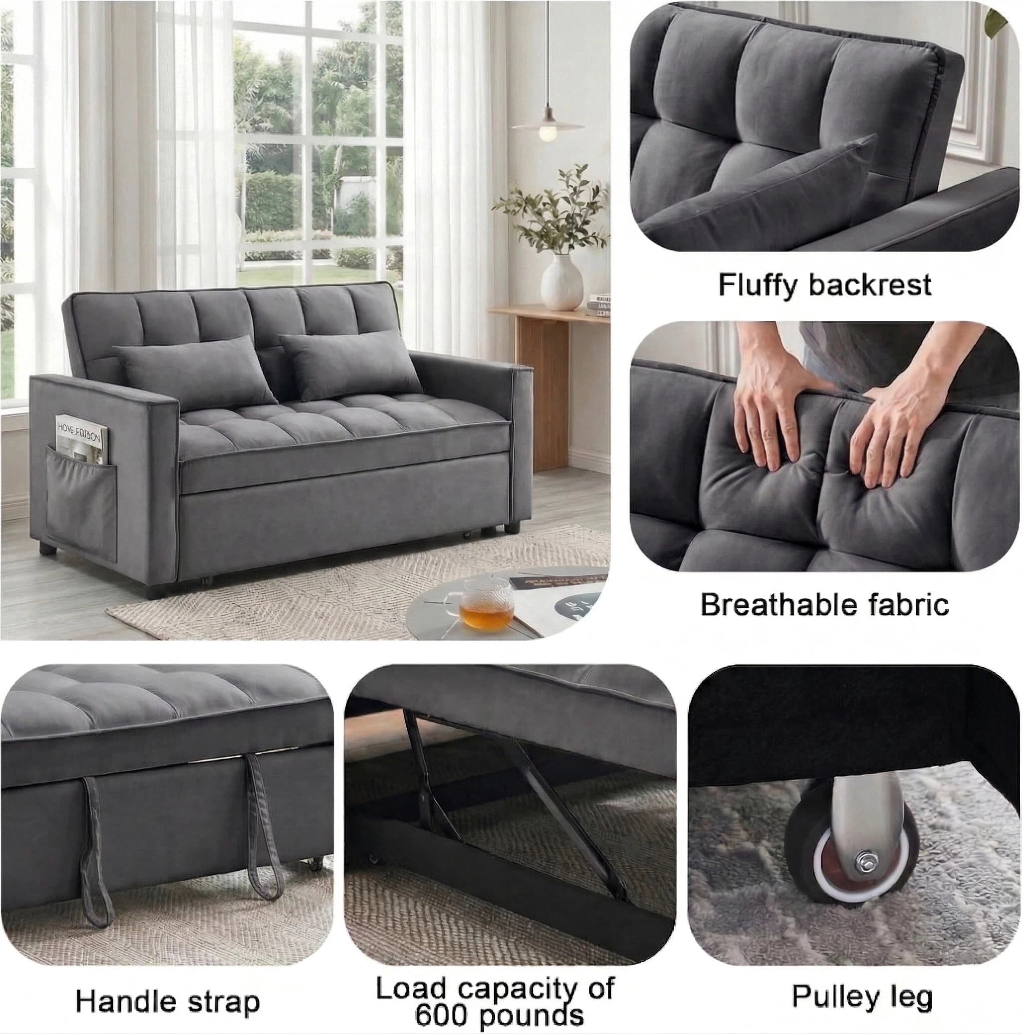 Avobird 3-in-1 Velvet Convertible Sleeper Sofa, Pull Out Couch Bed with Adjustable Backrest & Storage, Grey