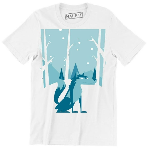 Wolf Illustration With Trees And Mountains Funny Cartoon Animal T-Shirt