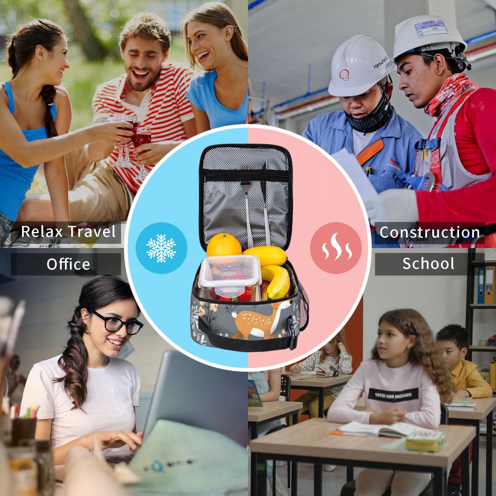 Lunch Bag For Women Men Insulated Portable Lunch Box Bento Box Office Picnic Travel Cooler Bag Red Deer