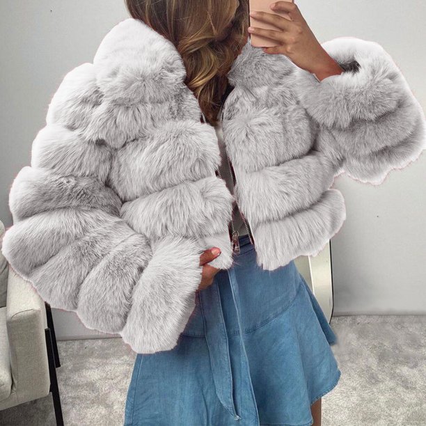 ICHUANYI Clearance Women's 2023 Winter Fleece Cropped Jacket Faux Long Sleeve Warm Outerwear Fall Clothes(White, S) ICHUANYI WER2023081511014