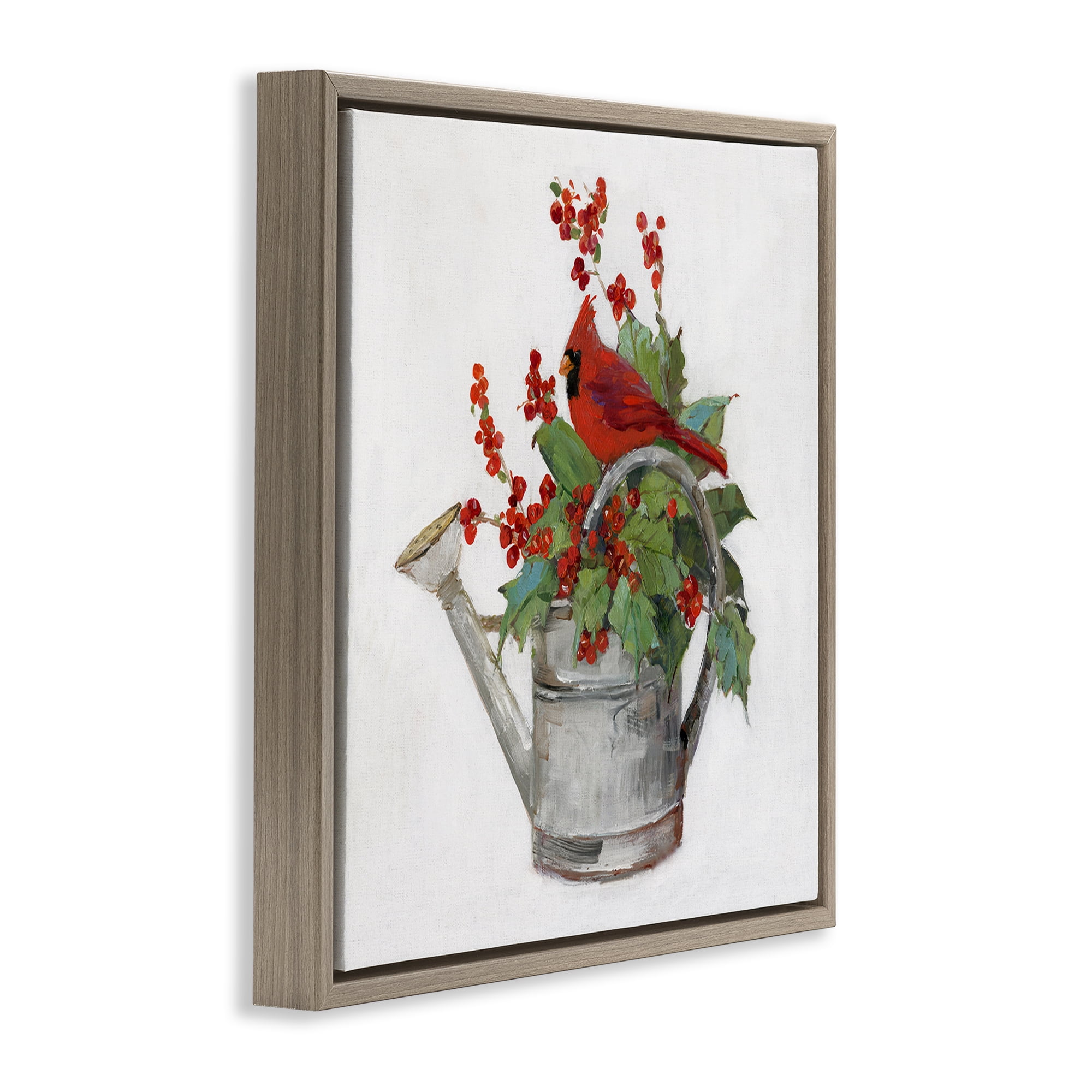 Stupell Industries Cardinal & Watering Can Holiday Painting Brown Floater Framed Canvas Art Prints Wall Art, 18 x 18