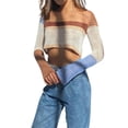 thumbnail image 1 of Qmyliery Women Hollow Out Knitwear, Variegated Color Square Collar Long Sleeve Crop Tops, S/ M/ L/ XL, 1 of 9