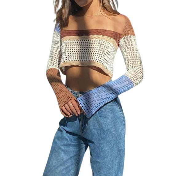 Qmyliery Women Hollow Out Knitwear, Variegated Color Square Collar Long Sleeve Crop Tops, S/ M/ L/ XL