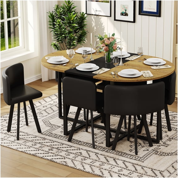7-Piece Modern Oval Dining Table Set for 6, Black PU Leather Chairs & Wood Grain Tabletop, Space Saving Kitchen Dinette Set for Apartments