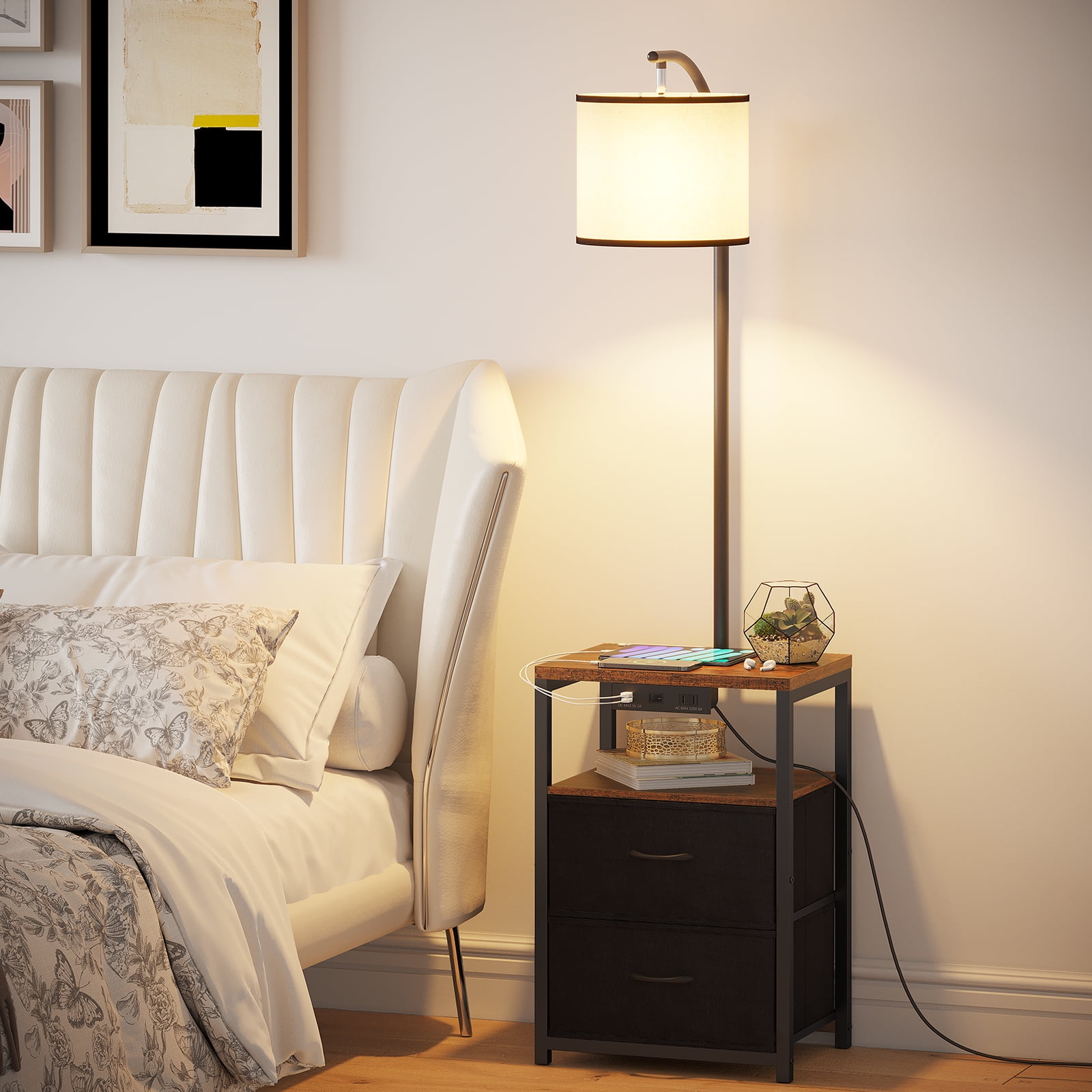 Sunmory 62" Modern USB Ports Walnut Floor Lamp with Fabric Shade