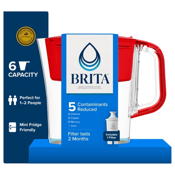 Brita 6 Cup Small Plastic Water Filter Pitcher, Red, BPA Free with 1 Standard Brita Filter