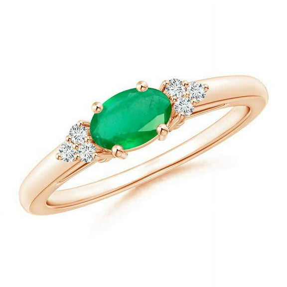 ANGARA Natural East-West Emerald Solitaire Ring with Diamonds in 14K Rose Gold for Women (Size-6x4mm) | May Birthstone, Birthday, Anniversary, Jewelry Gift for Women | Natural Emerald Ring
