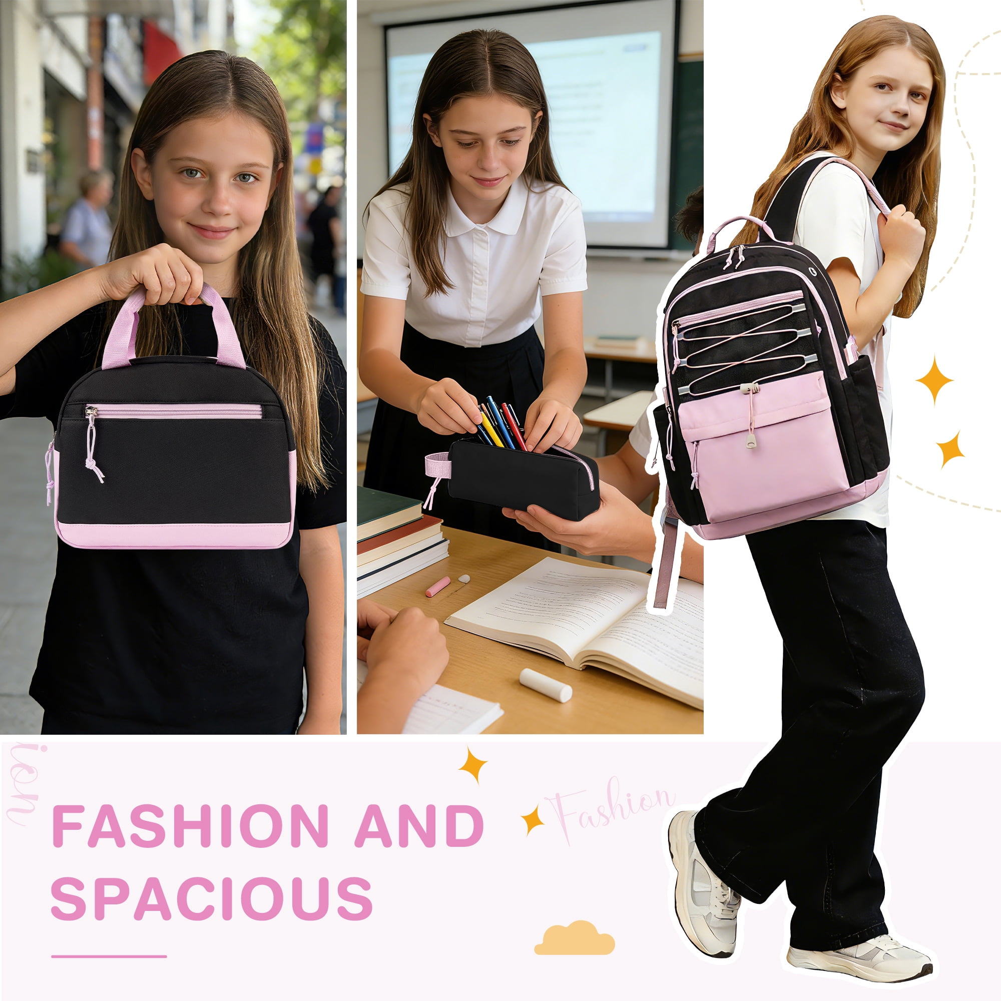 DAKIMOE 3 PCS School Backpacks for College Teens Cute Girlish Middle High School Bookbag Large Capacity Lightweight Waterproof Daypack for Students
