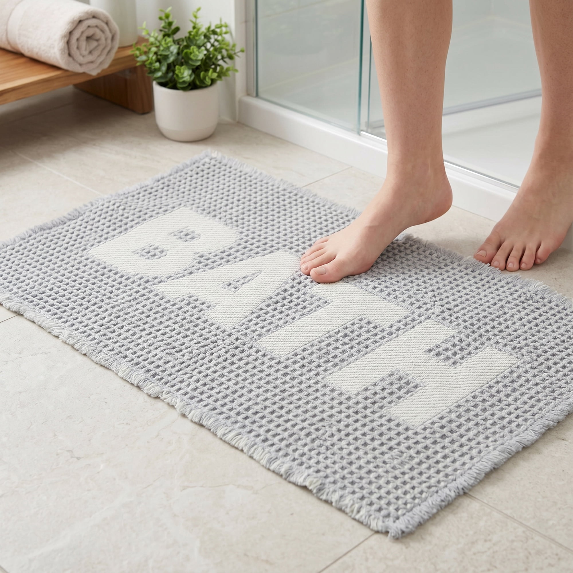 Unique Bargains Non Slip Washable Absorbent Quick Dry Waffle Bath Mat Gray 24" x 17"