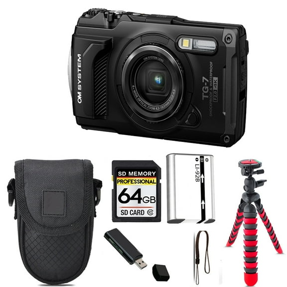 Olympus OM SYSTEM Tough TG-7 Digital Camera (Black)   Tripod   Case - 64GB Kit (International Version)