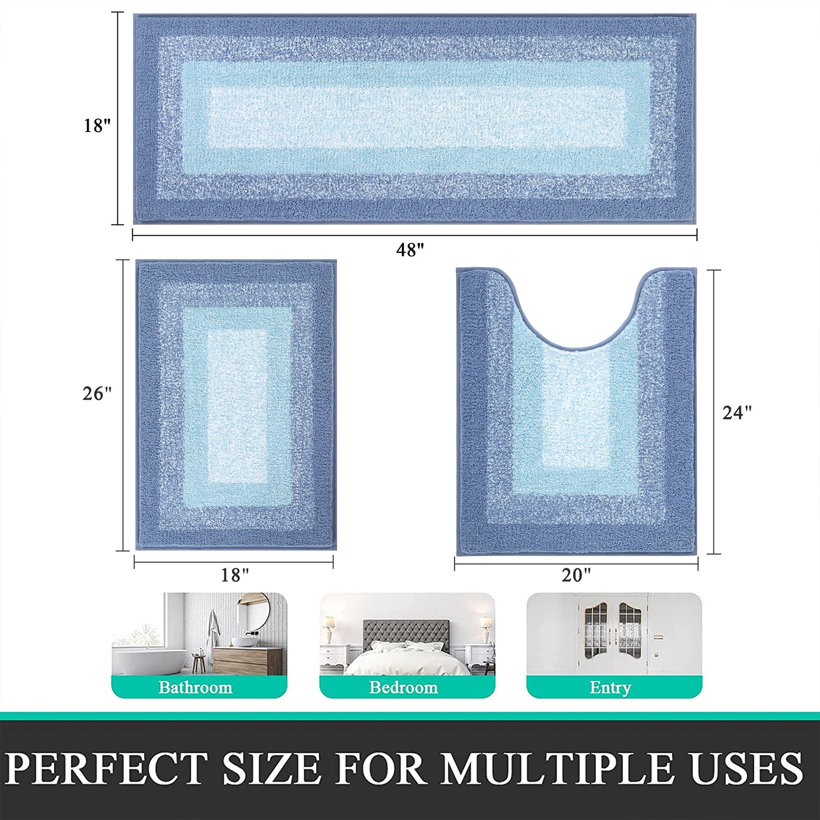 Ileading 3 Piece Bath Rug Set Microfiber Washable Non Slip Bathroom Rug and Mat Set, Light Blue