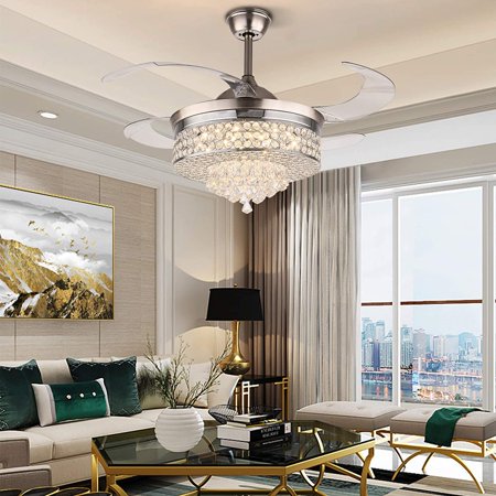 

OUKANING 42 Inch Silver Crystal Retractable Ceiling fans with lights and Remote