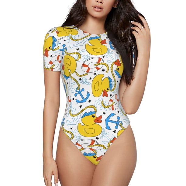 Balery Ducks and Anchors Body de cuello redondo de manga corta para mujer Tops de manga corta Tops básicos-Medium