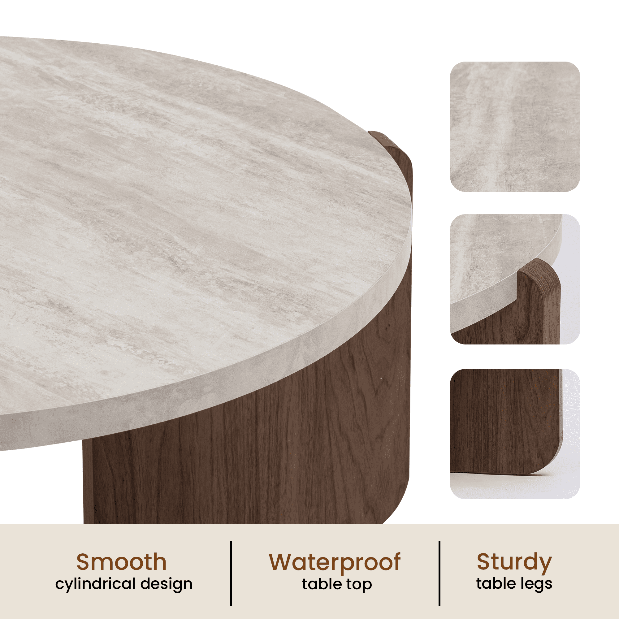 FOROUTIA Round Coffee Table with Faux Marble Top,Modern Walnut Legs Living Room Table