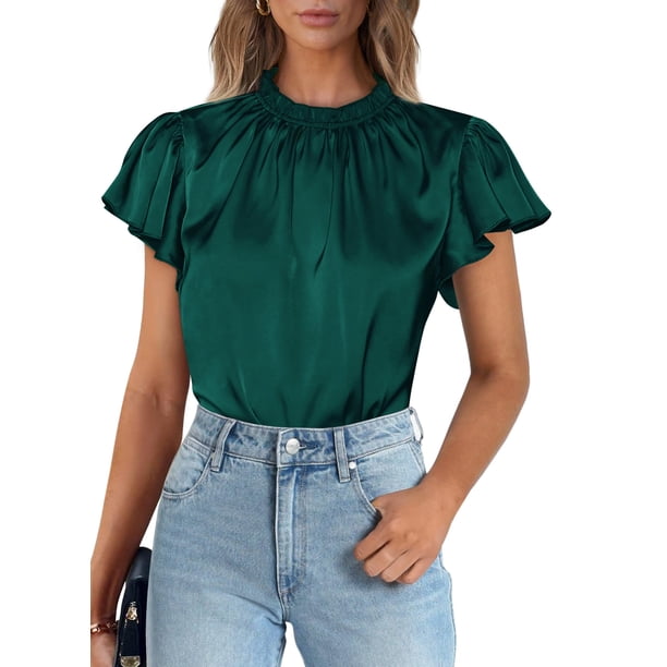 Blusa para Mujer PRETTYGARDEN Manga con Volantes Satín Verde Oscuro XXL