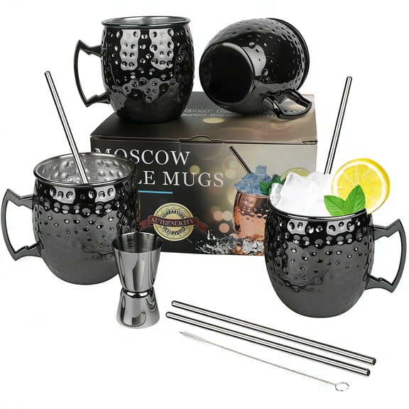 Moscow Mule Mug Set of 4 18oz 550ml Gunmetal Black Stainless Steel Mule Mug Reusable Straws