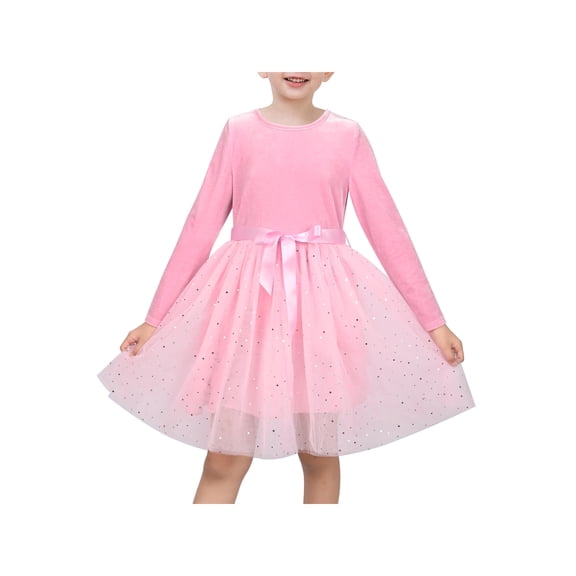 Sunny Fashion Girls Dress Pink Blush Velvet Sequin Tulle Long Sleeve Bow Princess Party Wedding Garden 6 Years