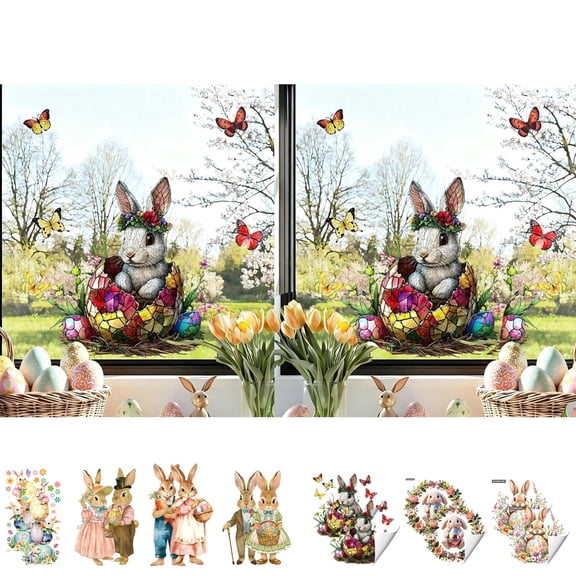 KOYPTL Easter Window Clings Decorations 2PCS,Happy Easter Bunny Rabbit Egg Window Stickers Double-Side Glass Decals for Home Office School Shop Glass Window Fridge Display Party Decoration 11.8x11.8"