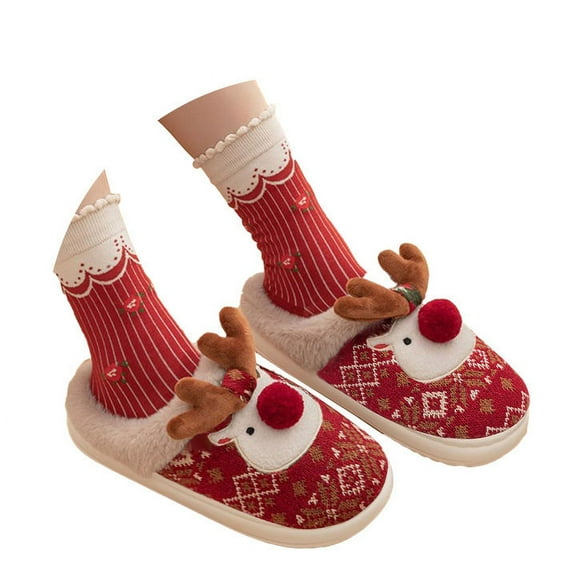 Fuzzy Slippers For Women Christmas Deer Closed Toe Flat Bottom Warm Slippers Warm Cozy Winter House Slippers Bedroom Indoor House Shoes