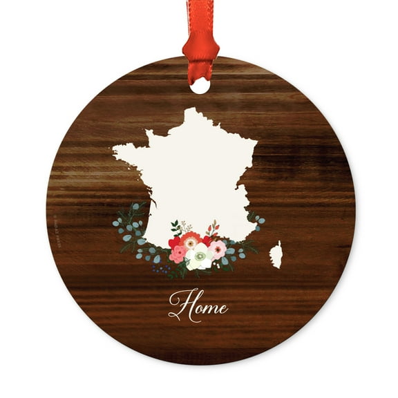 Round Metal Christmas Ornament, Rustic Wood with Florals Home, France, Includes Ribbon and Gift Bag