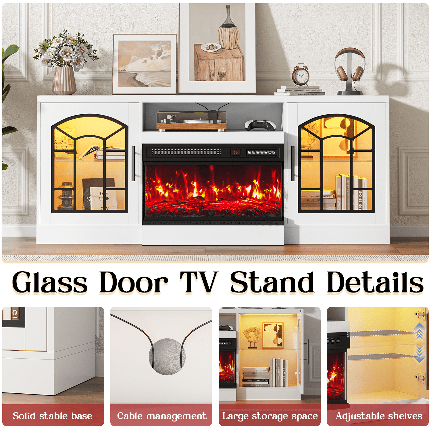 Waleaf 60" TV Stand with 3-Sided Glass Electric Fireplace, Modern Media Entertainment Center for TVs up to 65", Slim Wood Console with 21-Mode LED Lights & Adjustable Shelves